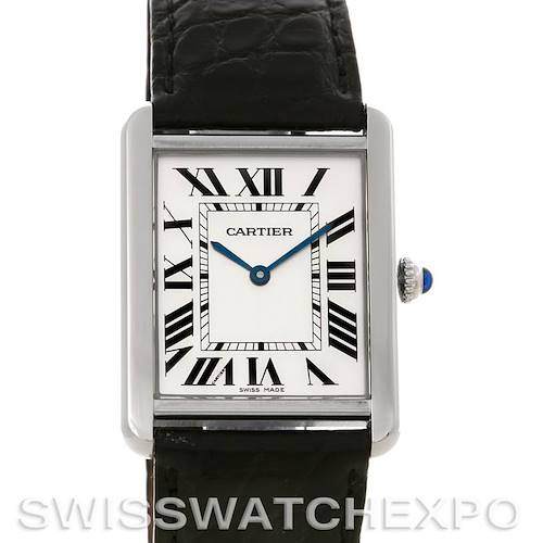The image shows a front view of the Cartier Tank Solo W1018355 Men's Stainless Steel Silver Dial W1018355 Men's Stainless Steel Silver Dial watch, displaying its rectangular face, Roman numerals, and black leather strap.