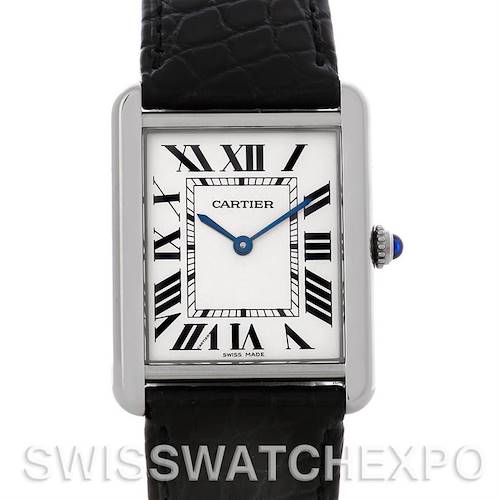 The image shows a front view of a Cartier Tank Solo W1018355 Men's Stainless Steel Silver Dial W1018355 Men's Stainless Steel Silver Dial watch with its rectangular case, Roman numerals, and a black leather strap.