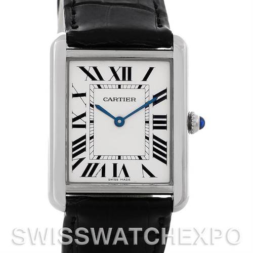 The image shows a front view of the Cartier Tank Solo W1018355 Men's Stainless Steel Silver Dial W1018355 Men's Stainless Steel Silver Dial watch, highlighting the dial, Roman numerals, hands, crown, and part of the strap.