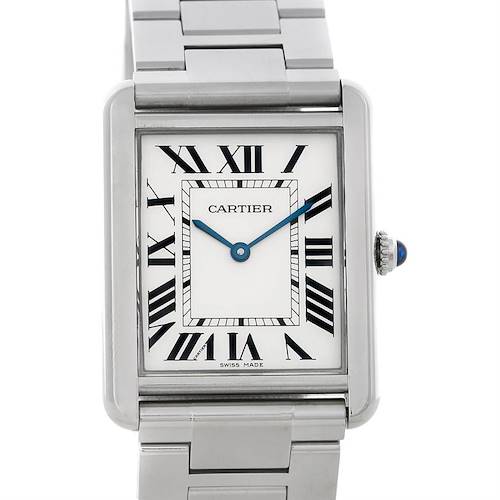 The image shows a front view of the Cartier Tank Solo W5200014 Men's Stainless Steel Silver Dial W5200014 Men's Stainless Steel Silver Dial watch, highlighting its dial, hands, and bracelet.