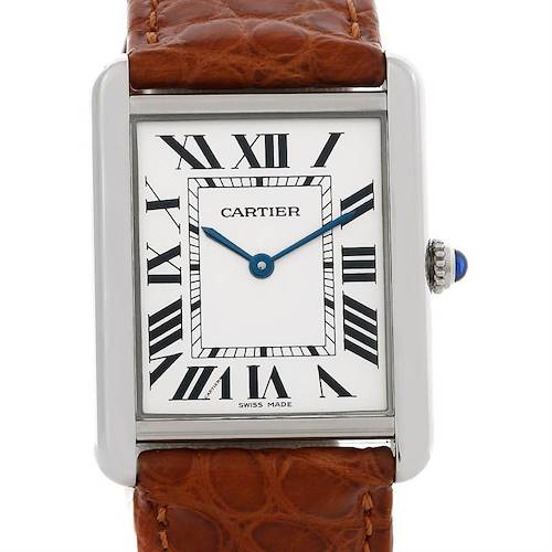 The image shows a close-up of the face and part of the brown leather strap of a Cartier Tank Solo W1018355 Men's Stainless Steel Silver Dial W1018355 Men's Stainless Steel Silver Dial watch.