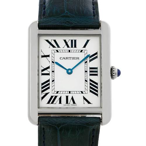 This image shows the front view of the Cartier Tank Solo W1018355 Men's Stainless Steel Silver Dial W1018355 Men's Stainless Steel Silver Dial watch, including the dial, blue hands, Roman numerals, crown, and leather strap.