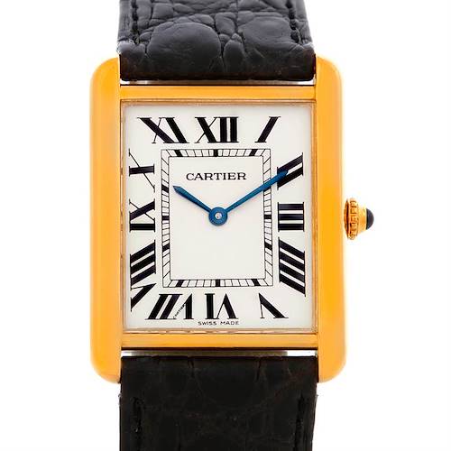 The image shows a Cartier Tank Solo W1018855 Men's Steel and Gold (two tone) Silver Dial W1018855 Men's Steel and Gold (two tone) Silver Dial watch from the front, including its face, bezel, and part of the leather strap.
