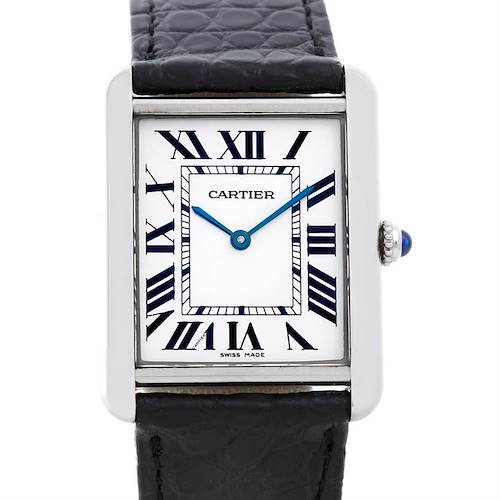 This is the front view of a Cartier Tank Solo W1018355 Men's Stainless Steel Silver Dial W1018355 Men's Stainless Steel Silver Dial watch, showing the face, Roman numerals, blue hands, bezel, and part of the leather strap.
