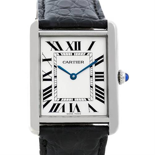 This image shows the Cartier Tank Solo W1018355 Men's Stainless Steel Silver Dial W1018355 Men's Stainless Steel Silver Dial watch from the front, featuring its rectangular dial, Roman numerals, and leather strap.