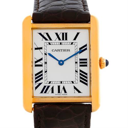 This Tank Solo model by Cartier is shown from the front, displaying the face, leather strap, case, and crown.