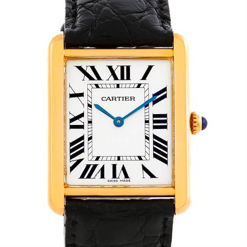 This image shows a front view of the Cartier Tank Solo W1018855 Men's Steel and Gold (two tone) Silver Dial W1018855 Men's Steel and Gold (two tone) Silver Dial watch, highlighting its face, Roman numerals, and black leather strap.