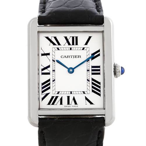 This image shows a front view of the Tank Solo model watch by Cartier, featuring the dial, Roman numerals, and a portion of the leather strap.
