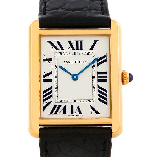 This Tank Solo Cartier watch shows a frontal view, highlighting the dial, case, and part of the strap.