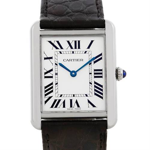 This image shows a direct front view of a Cartier Tank Solo W1018355 Men's Stainless Steel Silver Dial W1018355 Men's Stainless Steel Silver Dial watch, including its face, hands, Roman numerals, and part of the strap.