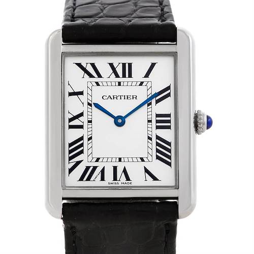 The image shows a front view of a Cartier Tank Solo W1018355 Men's Stainless Steel Silver Dial W1018355 Men's Stainless Steel Silver Dial watch, featuring its face, Roman numerals, black strap, and blue hands.