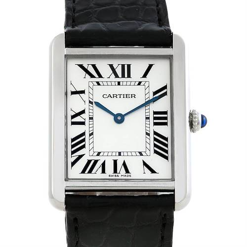 The image shows a frontal view of the Cartier Tank Solo W1018355 Men's Stainless Steel Silver Dial W1018355 Men's Stainless Steel Silver Dial watch, displaying its dial, Roman numerals, and leather strap.