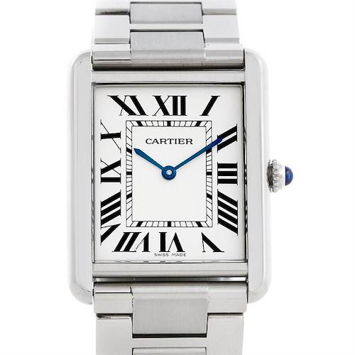 The image shows a front view of a Cartier Tank Solo W5200014 Men's Stainless Steel Silver Dial W5200014 Men's Stainless Steel Silver Dial watch, highlighting its rectangular face, Roman numeral markers, and blue hands.