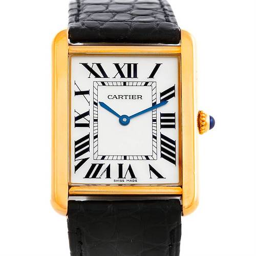 This image shows a frontal view of the Cartier Tank Solo W1018855 Men's Steel and Gold (two tone) Silver Dial W1018855 Men's Steel and Gold (two tone) Silver Dial watch, featuring a rectangular face, Roman numerals, and a leather strap.