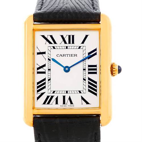 This image shows the front view of a Cartier Tank Solo W1018855 Men's Steel and Gold (two tone) Silver Dial W1018855 Men's Steel and Gold (two tone) Silver Dial watch, highlighting its dial, hands, and part of the strap.