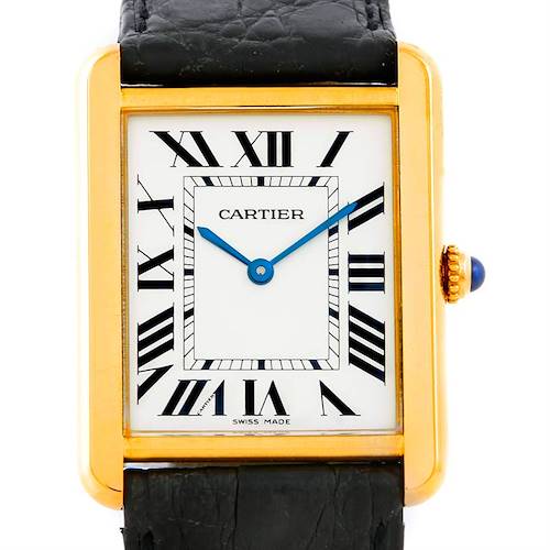 The Cartier Tank Solo W1018855 Men's Steel and Gold (two tone) Silver Dial W1018855 Men's Steel and Gold (two tone) Silver Dial watch is shown from the front, featuring the face, bezel, crown, and part of the strap.