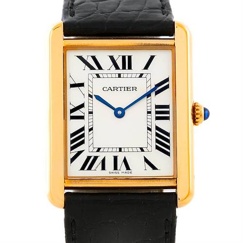 This image shows a front view of the Cartier Tank Solo W1018855 Men's Steel and Gold (two tone) Silver Dial W1018855 Men's Steel and Gold (two tone) Silver Dial watch, highlighting its face, Roman numerals, and black leather strap.