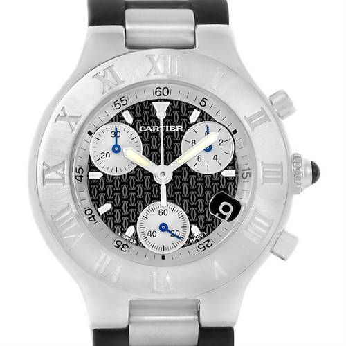 The image shows a front view of the Cartier Must 21 Chronoscaph W10125U2 Men's Stainless Steel Black Dial W10125U2 Men's Stainless Steel Black Dial watch, highlighting its dial, sub-dials, and Roman numeral bezel.