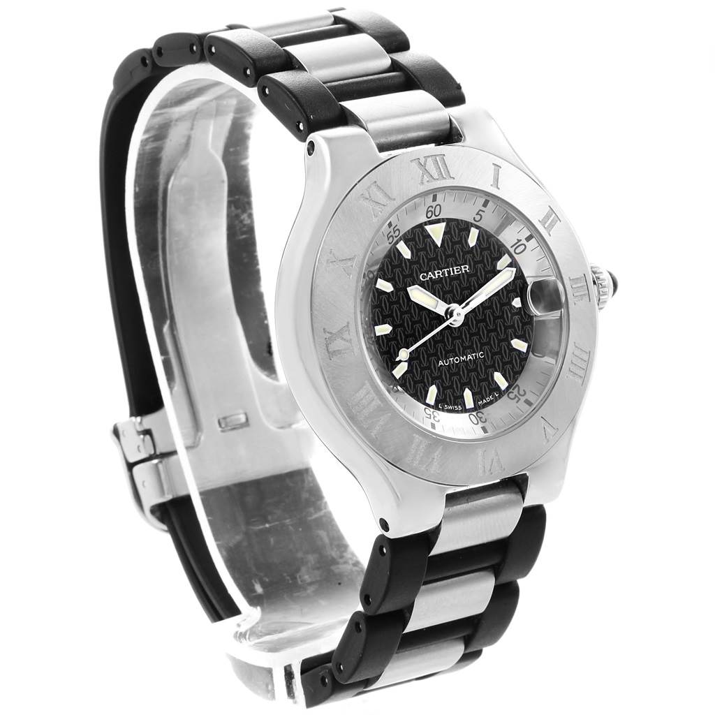 The image shows a Cartier Must 21 Chronoscaph W10147U2 Men's Stainless Steel Black Dial W10147U2 Men's Stainless Steel Black Dial watch in a three-quarter view, focusing on the face, bezel, and bracelet.