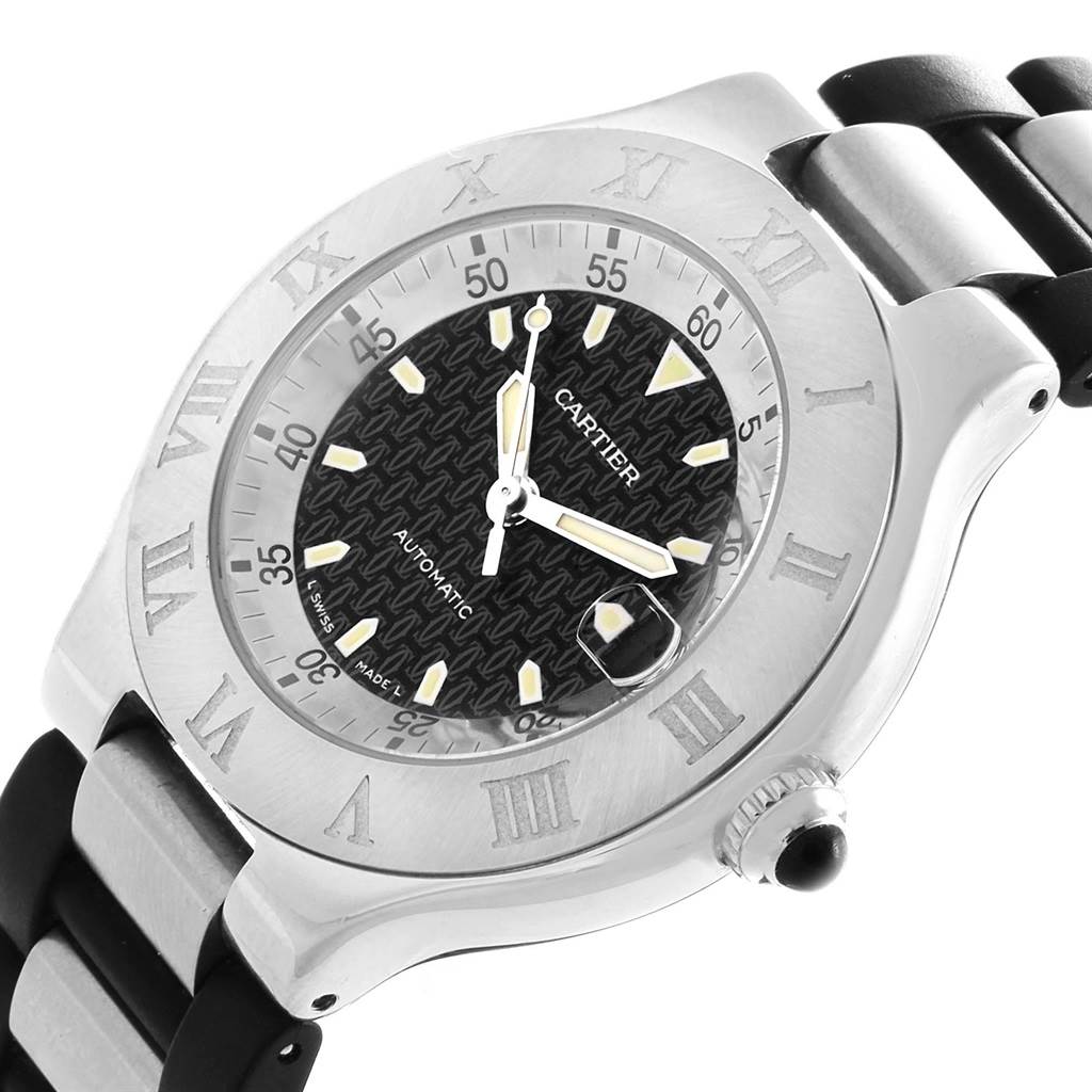 The Cartier Must 21 Chronoscaph W10147U2 Men's Stainless Steel Black Dial W10147U2 Men's Stainless Steel Black Dial watch is shown in a close-up angled view, highlighting its dial, bezel, crown, and part of the strap.