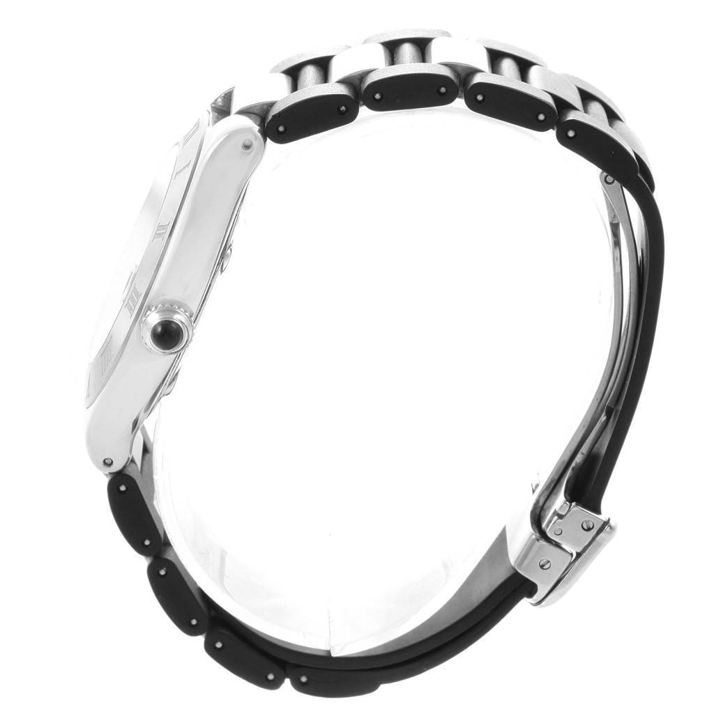 The image shows a side-view angle of the Cartier Must 21 Chronoscaph W10147U2 Men's Stainless Steel Black Dial W10147U2 Men's Stainless Steel Black Dial watch, focusing on the case and metal bracelet.