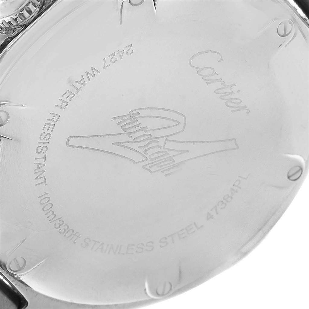 The image displays a close-up of the back case of the Cartier Must 21 Chronoscaph W10147U2 Men's Stainless Steel Black Dial W10147U2 Men's Stainless Steel Black Dial watch, showing its engravings and stainless steel finish.
