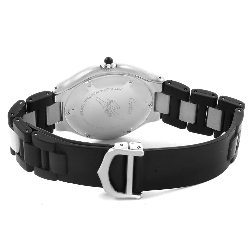 The image shows the back and part of the strap of a Cartier Must 21 Chronoscaph W10147U2 Men's Stainless Steel Black Dial W10147U2 Men's Stainless Steel Black Dial watch at a rear angle.