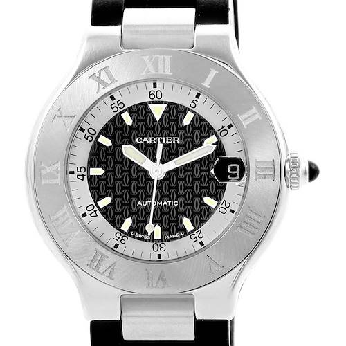 The image shows a front view of the Cartier Must 21 Chronoscaph W10147U2 Men's Stainless Steel Black Dial W10147U2 Men's Stainless Steel Black Dial watch, highlighting its dial, date window, and bezel.