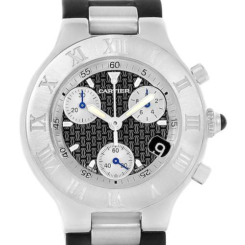 The Cartier Must 21 Chronoscaph W10125U2 Men's Stainless Steel Black Dial W10125U2 Men's Stainless Steel Black Dial watch is shown from a front angle, displaying the face, three sub-dials, and strap.