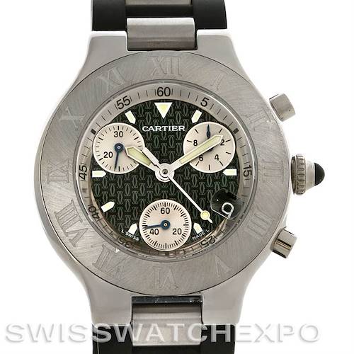 The image shows a Cartier Must 21 Chronoscaph W10125U2 Men's Stainless Steel Black Dial W10125U2 Men's Stainless Steel Black Dial watch from a front view, highlighting the dial, bezel, and pushers.