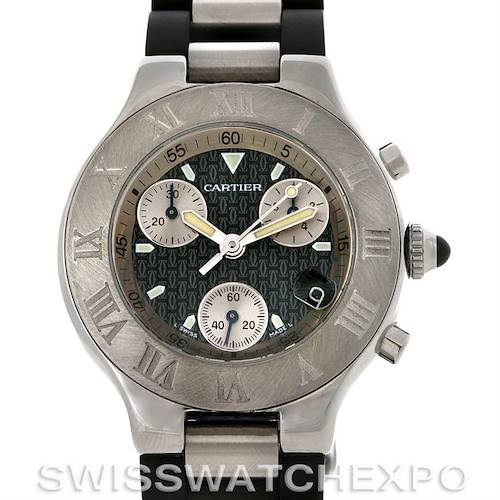 The image shows a frontal view of a Cartier Must 21 Chronoscaph W10172T2 Men's Stainless Steel Black Dial W10172T2 Men's Stainless Steel Black Dial watch, highlighting the dial, bezel, hands, and chronograph subdials.