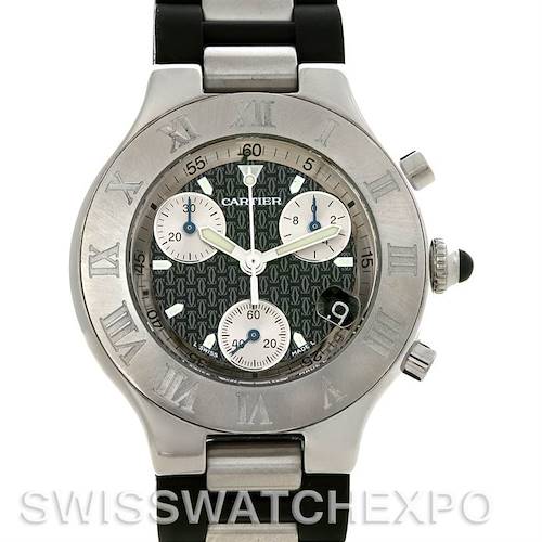 The image shows a Cartier Must 21 Chronoscaph 2424 45122PL Men's Stainless Steel Black Dial 2424 45122PL Men's Stainless Steel Black Dial watch, featuring its face, bezel, and part of the bracelet, viewed from a front angle.