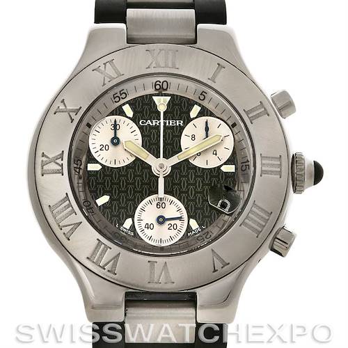 The image shows a Cartier Must 21 Chronoscaph W10125U2 Men's Stainless Steel Black Dial W10125U2 Men's Stainless Steel Black Dial watch from a front view, highlighting its face, bezel, and chronograph dials.