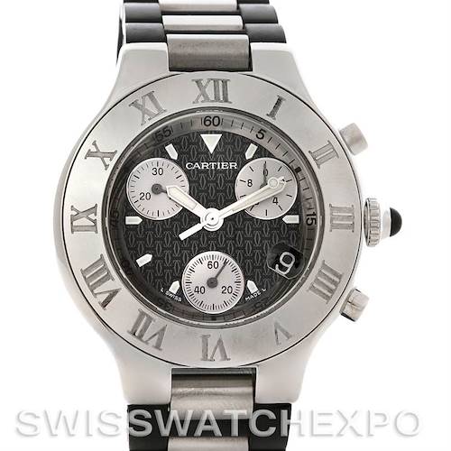 The image shows a front view of the Cartier Must 21 Chronoscaph W10125U2 Men's Stainless Steel Black Dial W10125U2 Men's Stainless Steel Black Dial watch, highlighting the dial, bezel, three sub-dials, and part of the bracelet.