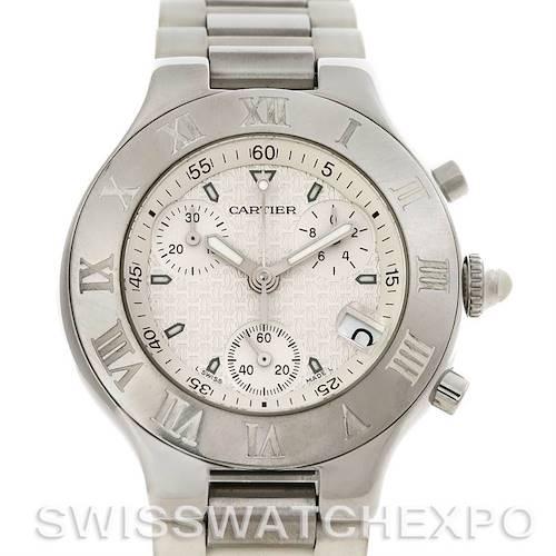 The image shows a front view of the Cartier Must 21 Chronoscaph W10184U2 Men's Stainless Steel White Dial W10184U2 Men's Stainless Steel White Dial watch, displaying its dial, bezel, and part of the bracelet.