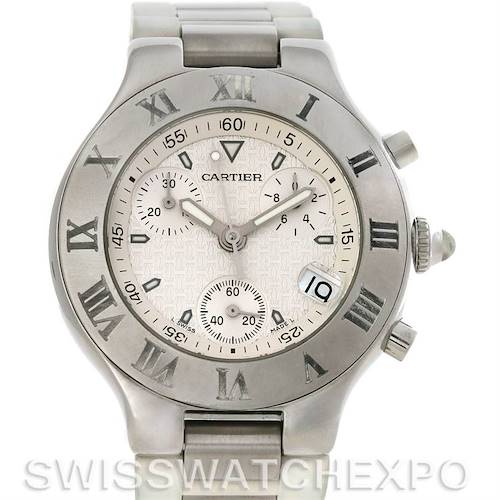 This image shows a front view of the Cartier Must 21 Chronoscaph W10184U2 Men's Stainless Steel White Dial W10184U2 Men's Stainless Steel White Dial watch, highlighting its dial and bracelet.