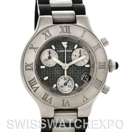 The image shows a front view of a Cartier Must 21 Chronoscaph W10125U2 Men's Stainless Steel Black Dial W10125U2 Men's Stainless Steel Black Dial watch displaying its dial, bezel, and part of the bracelet.