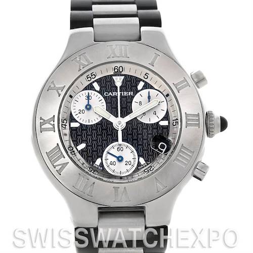 The image shows a front view of a Cartier Must 21 Chronoscaph W10125U2 Men's Stainless Steel Black Dial W10125U2 Men's Stainless Steel Black Dial watch, highlighting its bezel, dial, subdials, and crown.