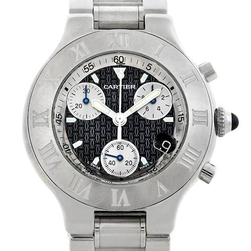 The image shows a Cartier Must 21 Chronoscaph W10172T2 Men's Stainless Steel Black Dial W10172T2 Men's Stainless Steel Black Dial watch from a front angle, highlighting its face, bezel, and bracelet.