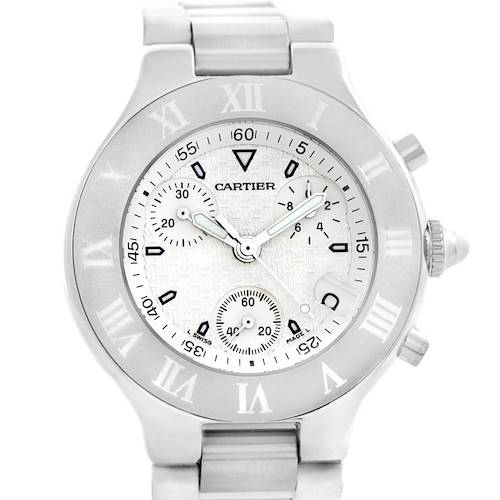 The image shows a front view of the Cartier Must 21 Chronoscaph W10184U2 Men's Stainless Steel White Dial W10184U2 Men's Stainless Steel White Dial watch, displaying its face, bezel, and part of the bracelet.