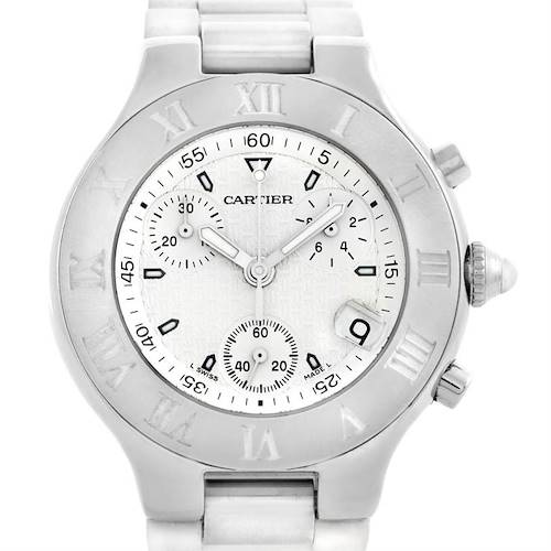 The image shows a front view of the Cartier Must 21 Chronoscaph W10184U2 Stainless Steel White Dial W10184U2 Stainless Steel White Dial watch, displaying its bezel, dial, subdials, and bracelet.