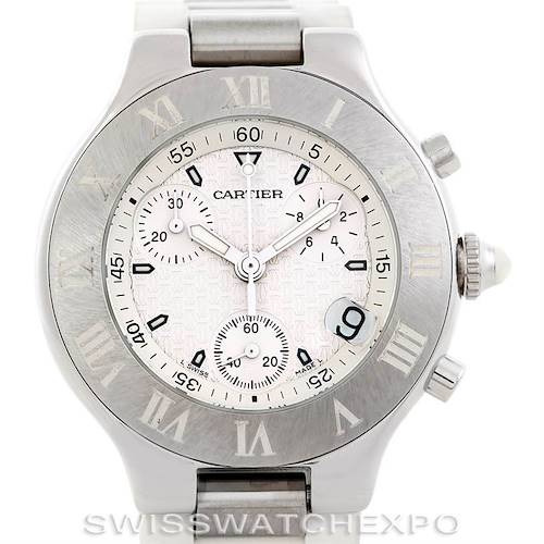 This image shows a frontal view of the Cartier Must 21 Chronoscaph W10184U2 Men's Stainless Steel White Dial W10184U2 Men's Stainless Steel White Dial watch, highlighting the dial, bezel, and part of the strap.