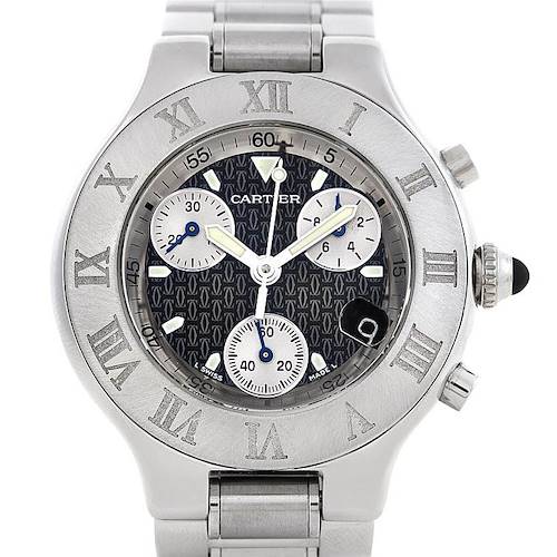 This image shows a front view of the Cartier Must 21 Chronoscaph W10172T2 Men's Stainless Steel Black Dial W10172T2 Men's Stainless Steel Black Dial watch, highlighting its dial, bezel, subdials, and bracelet.