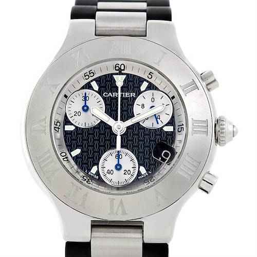 This image shows a front view of the Must 21 Chronoscaph watch by Cartier, highlighting the dial, bezel, and bracelet.