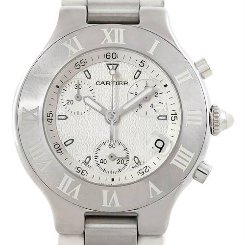 The image shows a front view of the Cartier Must 21 Chronoscaph W10184U2 Men's Stainless Steel White Dial W10184U2 Men's Stainless Steel White Dial watch, highlighting the dial, Roman numeral bezel, and chronograph subdials.