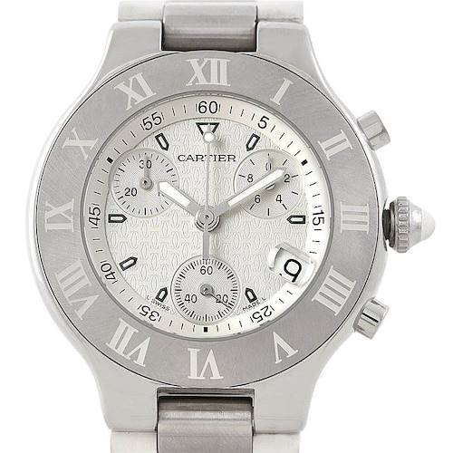 This is a front view of a Cartier Must 21 Chronoscaph W10184U2 Men's Stainless Steel White Dial W10184U2 Men's Stainless Steel White Dial watch, showing its dial, case, bezel, crown, and strap.