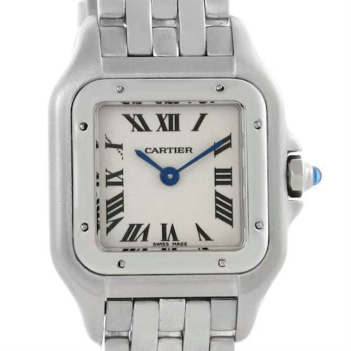 The image shows a front view of the Cartier Panthere W25033P5 Women's Stainless Steel Silver Dial W25033P5 Women's Stainless Steel Silver Dial watch, highlighting the face, bezel, and part of the bracelet.