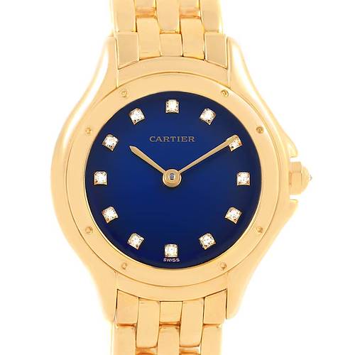 The image shows a front view of a Cartier Panthere 11651 Women's Yellow Gold Blue Dial 11651 Women's Yellow Gold Blue Dial watch, highlighting its blue dial, gold casing, and diamond markers.