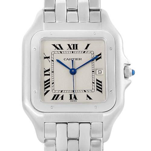 The image shows a front view of the Cartier Panthere W25032P5 Stainless Steel Silver Dial W25032P5 Stainless Steel Silver Dial watch, highlighting its face, bezel, and bracelet.