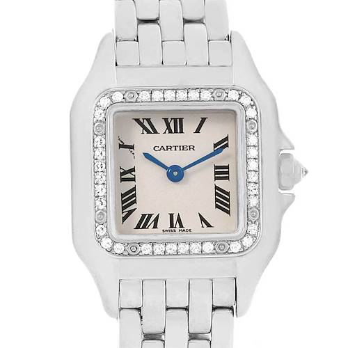 The image shows a frontal view of the Cartier Panthere WF3091F3 Women's White Gold Silver Dial WF3091F3 Women's White Gold Silver Dial watch, focusing on its face, bezel, and part of the bracelet.